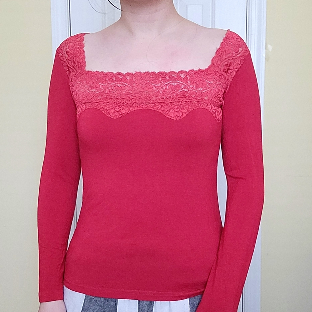 Red Stretchy Lace Square Neck Long Sleeve Tee Top